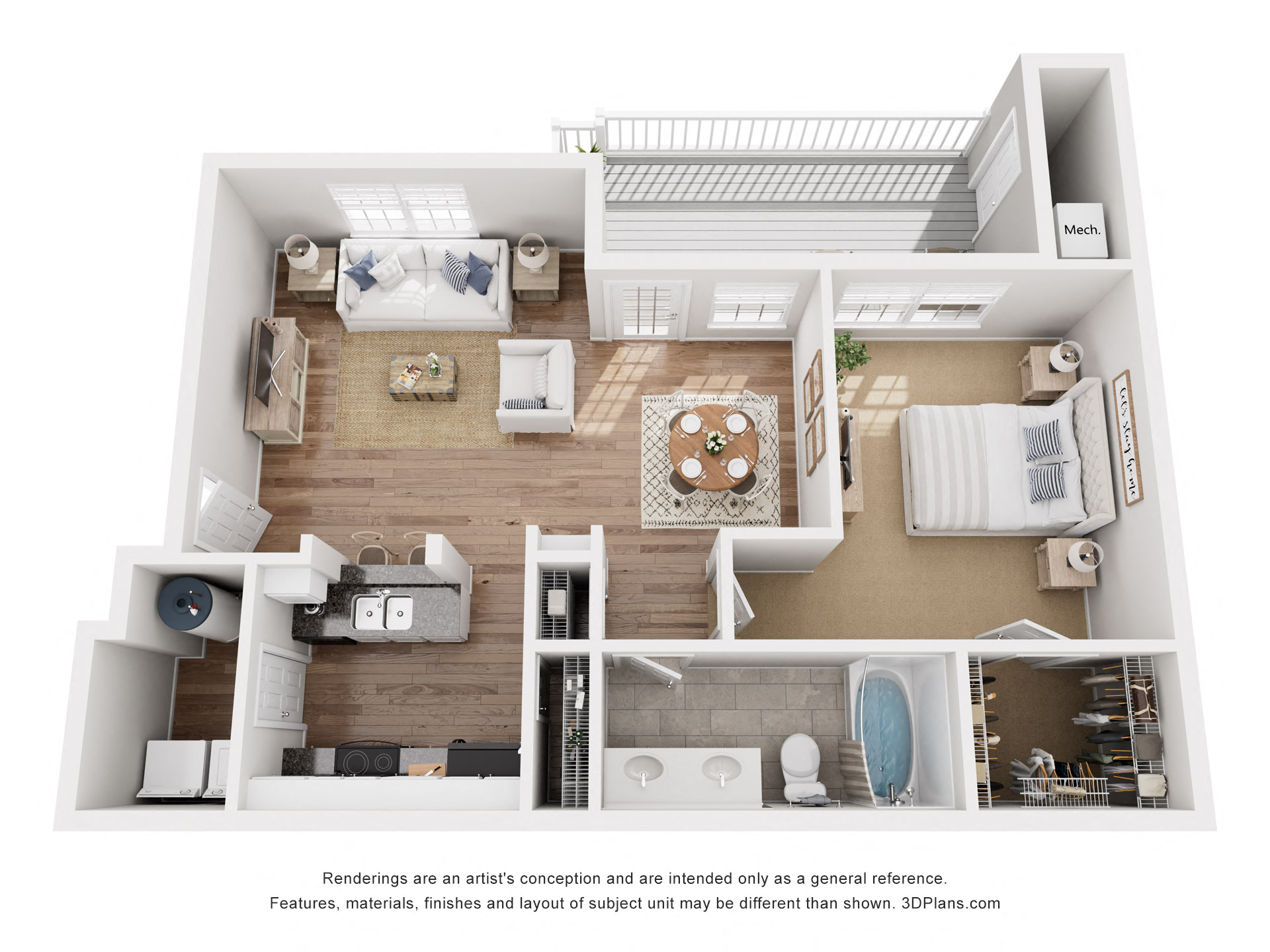 Floor plan for 1 bed, 1 bath, 742 sqft